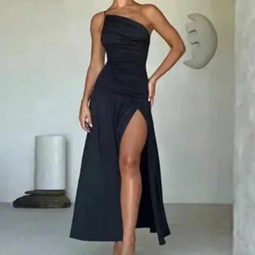Black Sexy Women's Solid Color Asymmetrical Neck Ruffle Ruched Split Hem Dress
